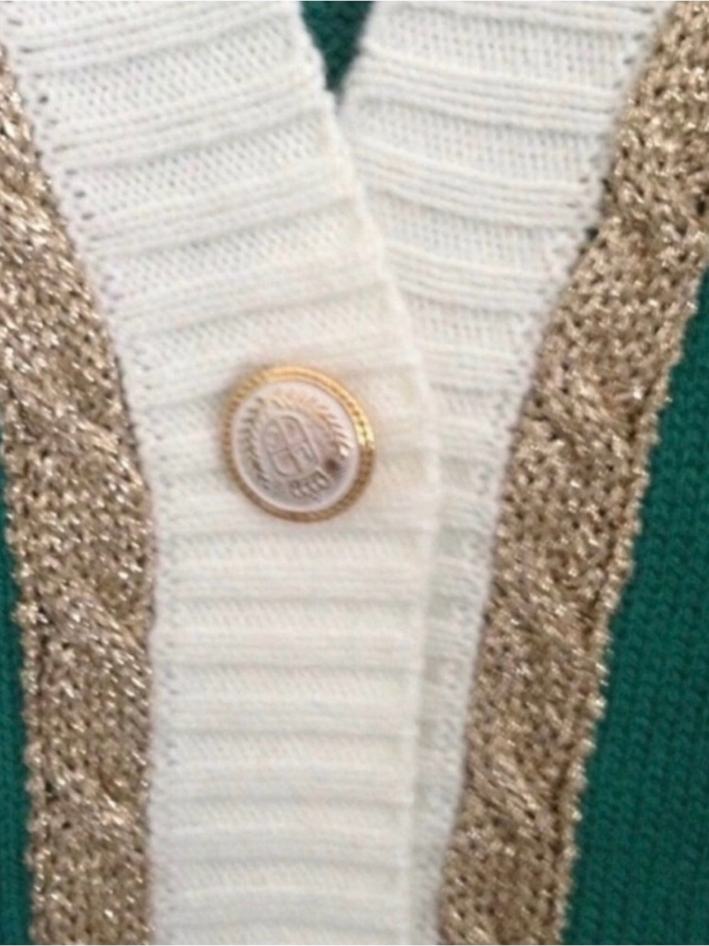 🔴 Green Button-Front Cardigan Sweater with White and Gold Trim-M-L - Picture 7 of 10